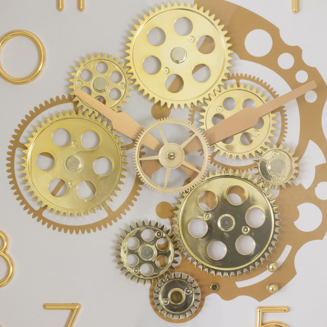 WC727-White-Moving Mechanical Gear Quartz Wall Clock Golden Frame and White Dial (5)