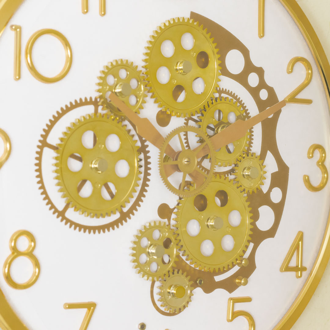 WC727-White-Moving Mechanical Gear Quartz Wall Clock Golden Frame and White Dial (6)