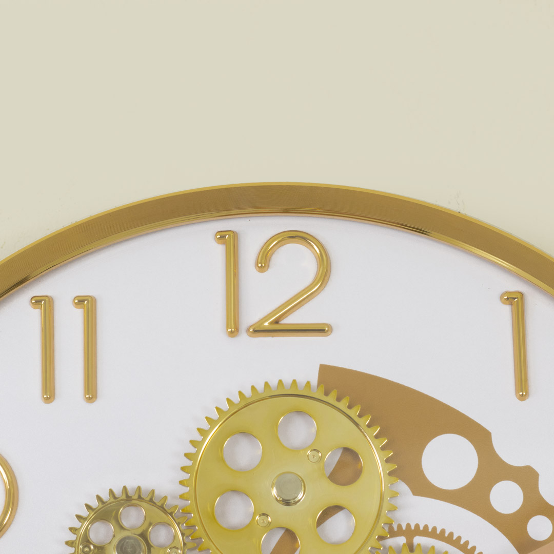 WC727-White-Moving Mechanical Gear Quartz Wall Clock Golden Frame and White Dial (7)