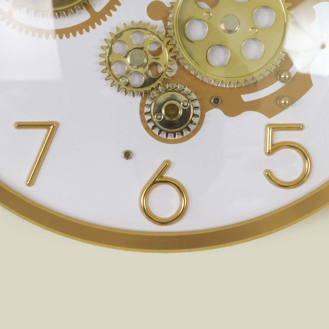 WC727-White-Moving Mechanical Gear Quartz Wall Clock Golden Frame and White Dial (8)