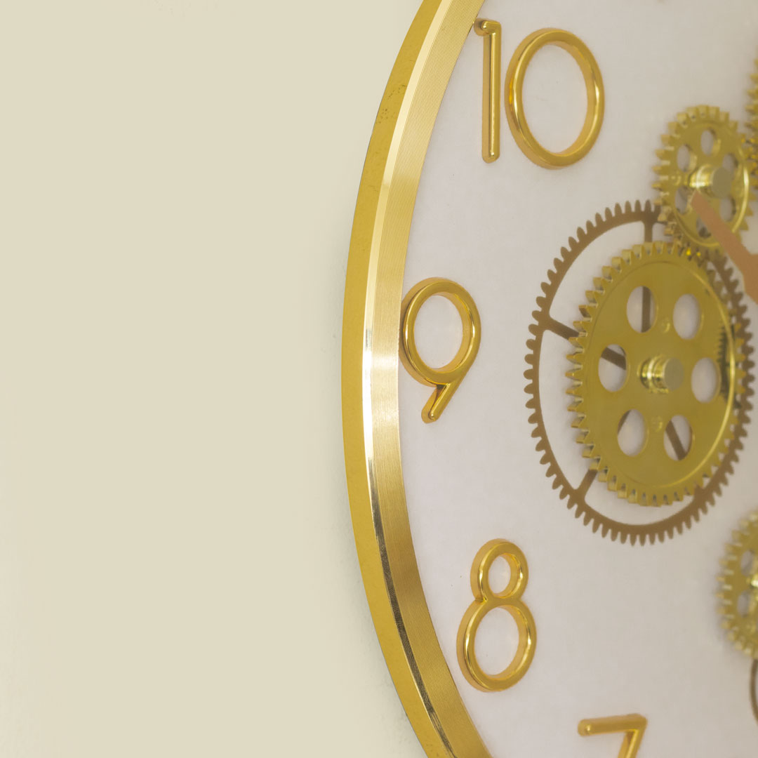 WC727-White-Moving Mechanical Gear Quartz Wall Clock Golden Frame and White Dial (9)