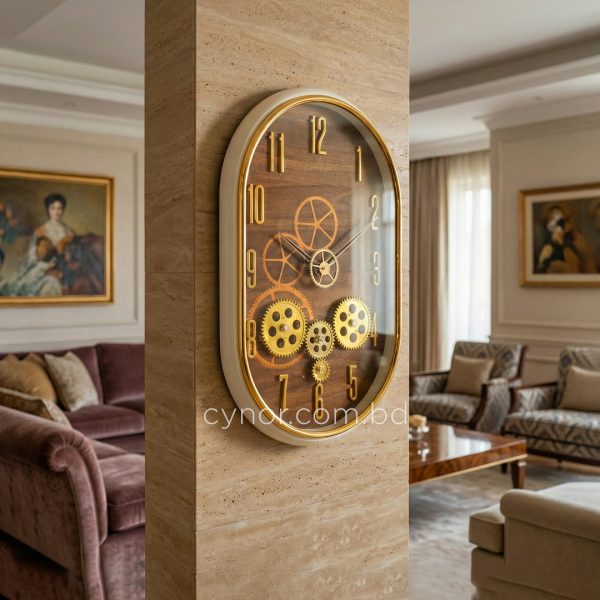 Moving Mechanical Gear Quartz Wall Clock Golden White Frame Wooden Style Texture Dial