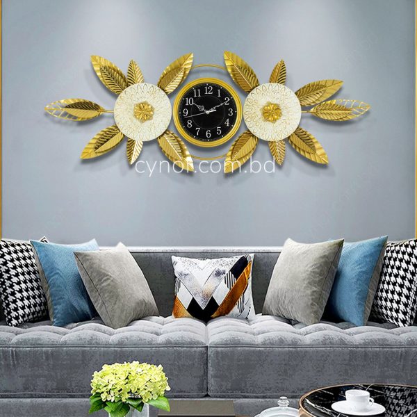 Decorative Botanical Wall Clock Stainless Steel Golden Black White