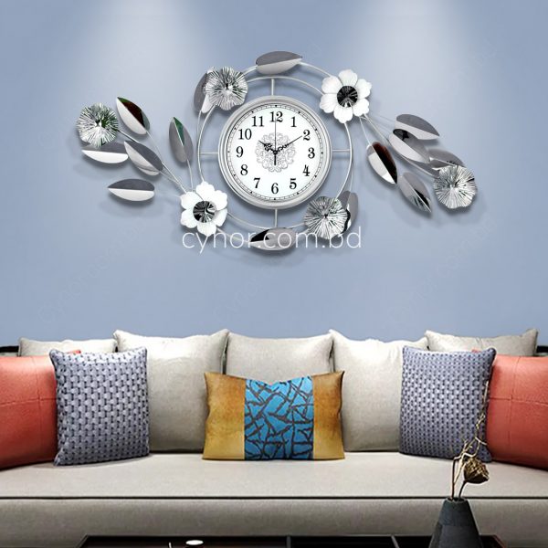 Stainless Steel Decorative Botanical Wall Clock Silver White Color