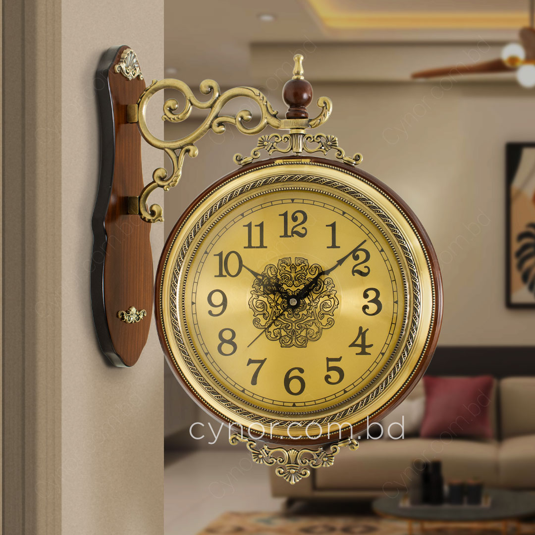 WC734-Luxury Vintage Style Double Sided Station Wall Clock Wooden Golden Metal Finish (1)