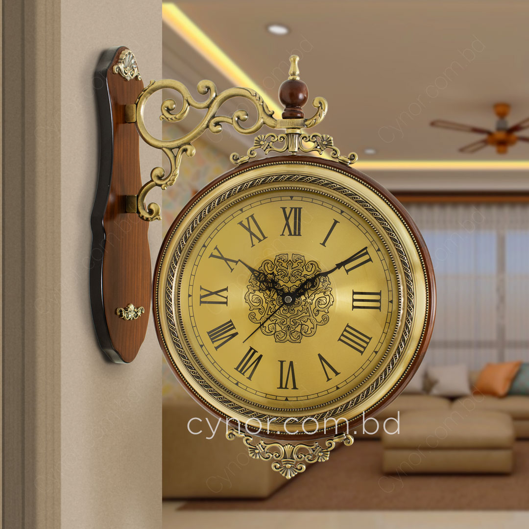 WC734-Luxury Vintage Style Double Sided Station Wall Clock Wooden Golden Metal Finish (2)