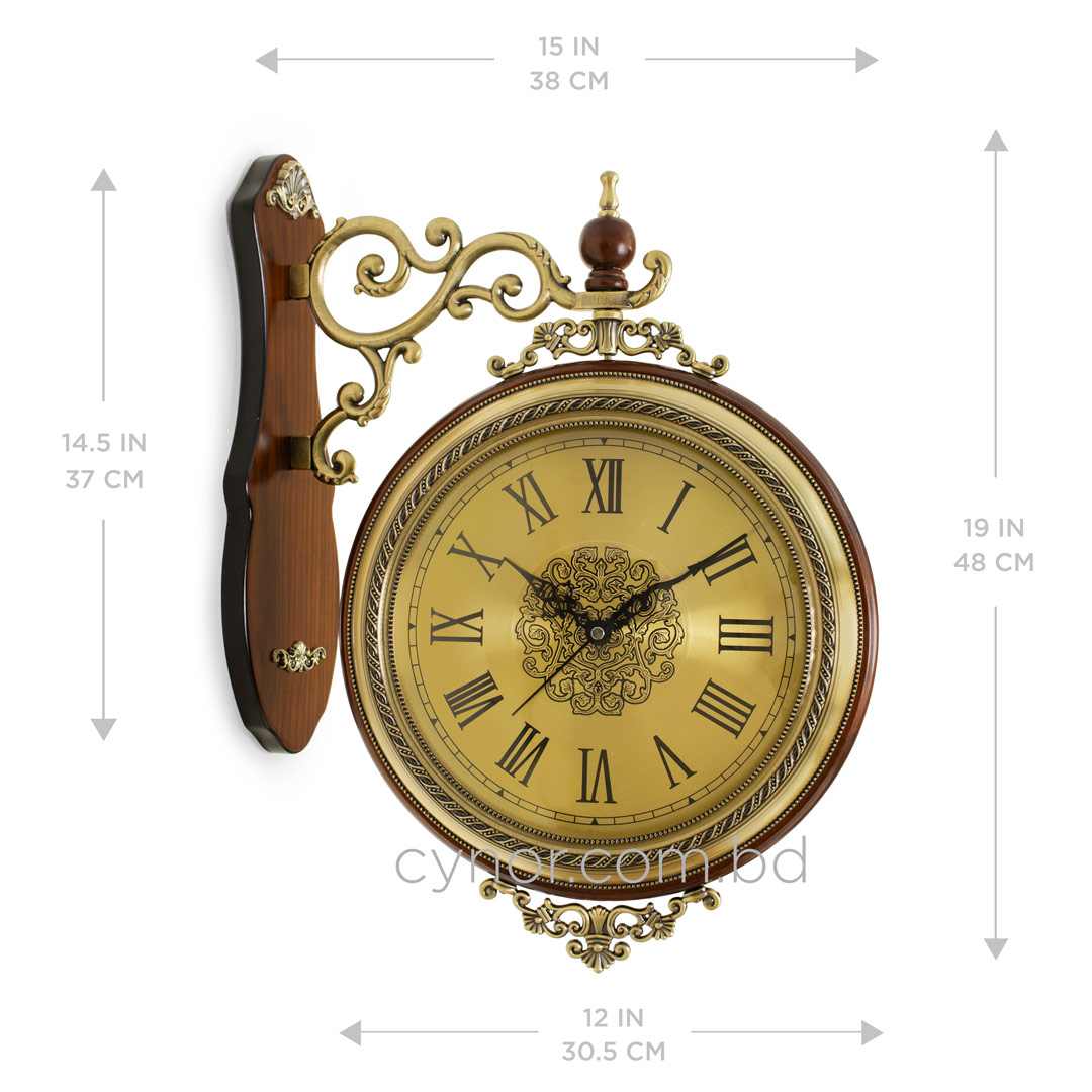 WC734-Luxury Vintage Style Double Sided Station Wall Clock Wooden Golden Metal Finish (3)