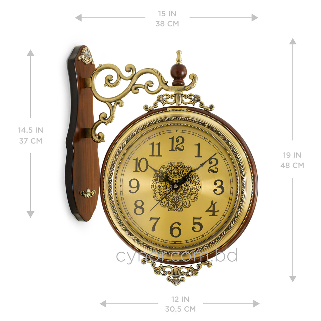 WC734-Luxury Vintage Style Double Sided Station Wall Clock Wooden Golden Metal Finish (4)