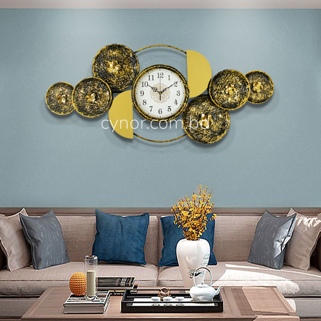 WC735-Botanical Inspired Stone Textured Wall Clock Stainless Steel Golden Black (1)