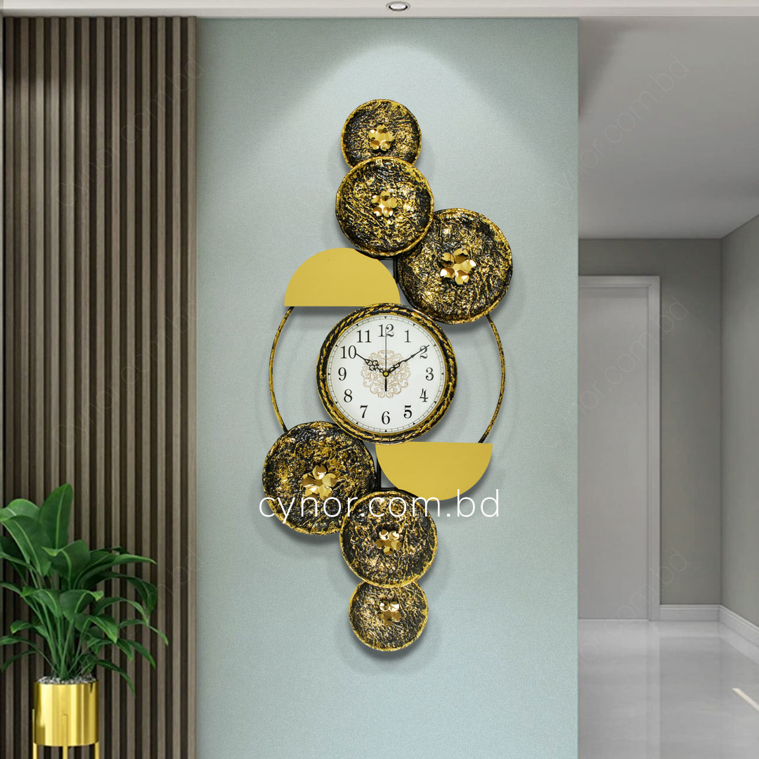 WC735-Botanical Inspired Stone Textured Wall Clock Stainless Steel Golden Black (2)