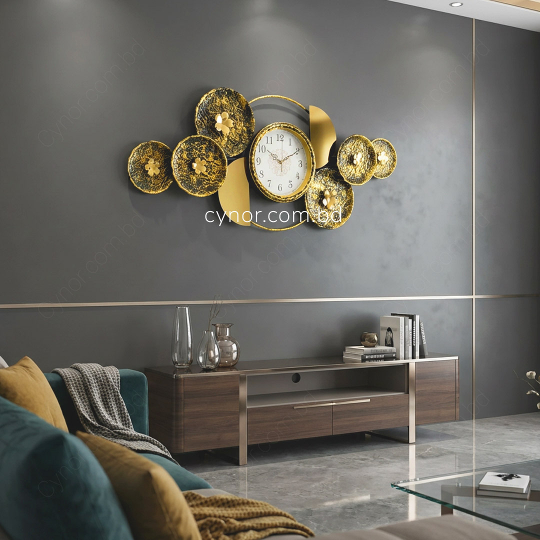 WC735-Botanical Inspired Stone Textured Wall Clock Stainless Steel Golden Black (3)