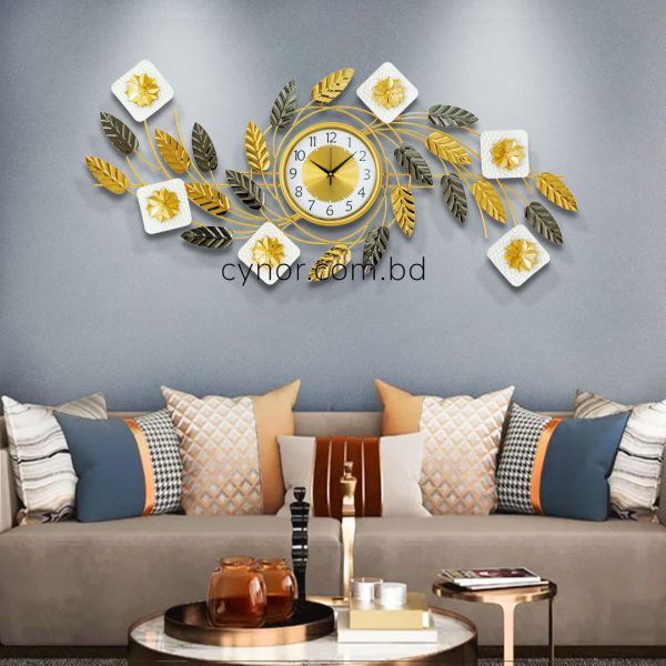 Decorative Botanical Wall Clock Glossy Stainless Steel Golden and White