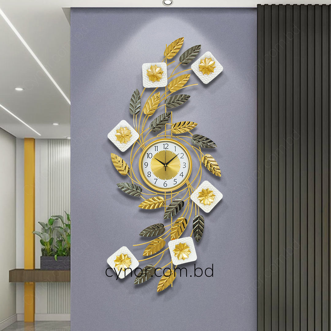 WC736-Decorative Botanical Wall Clock Glossy Stainless Steel Golden and White (2)