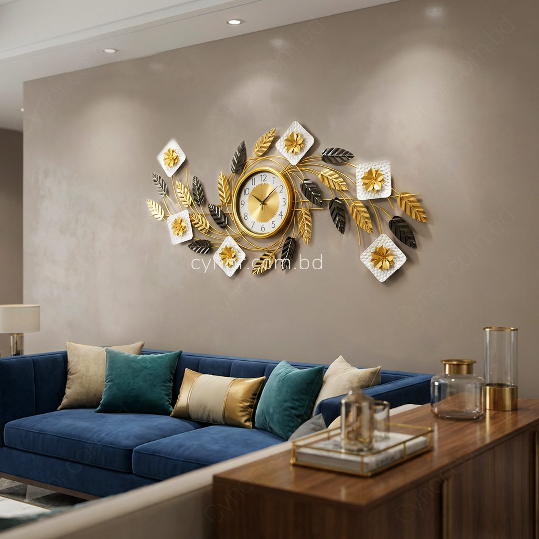 WC736-Decorative Botanical Wall Clock Glossy Stainless Steel Golden and White (3)