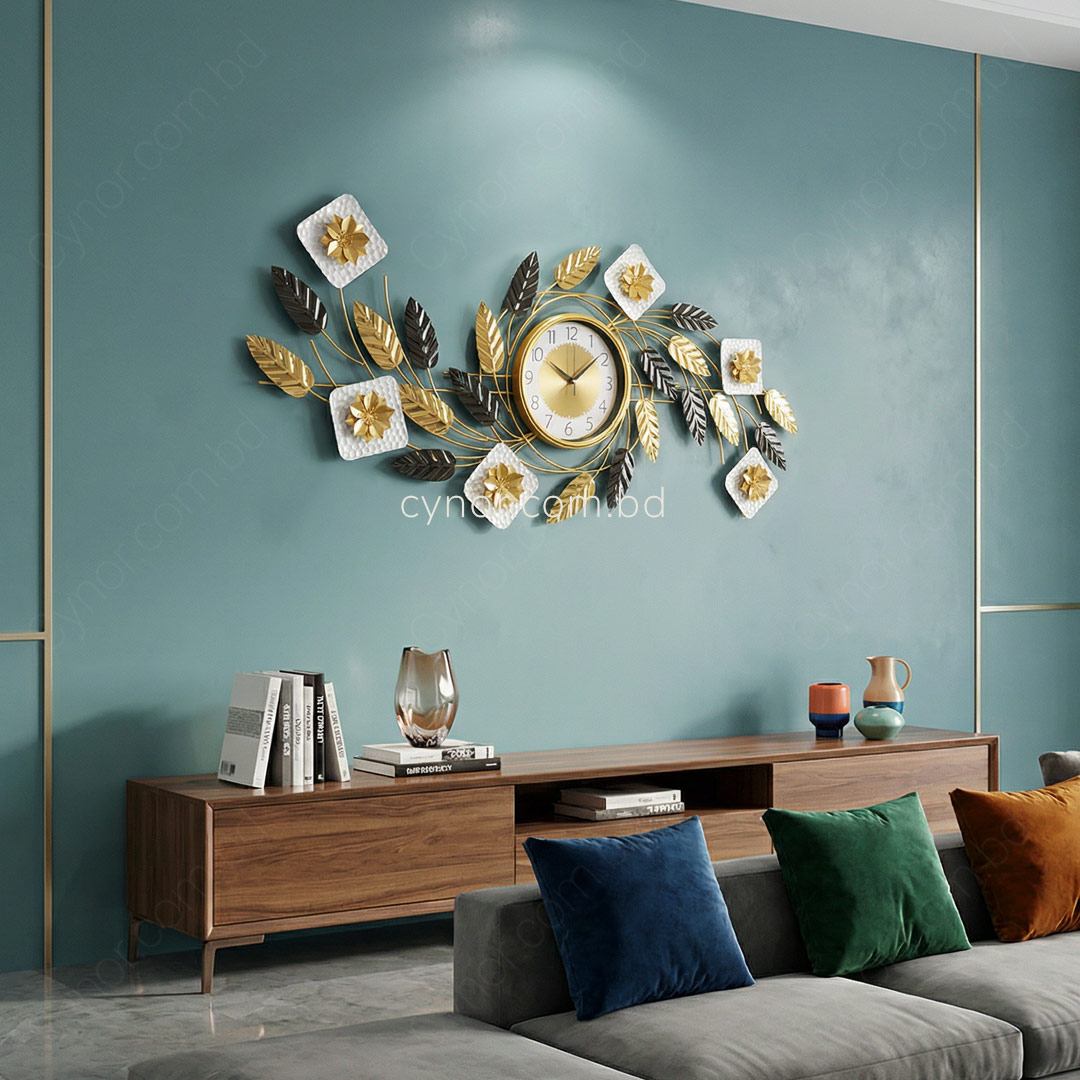 WC736-Decorative Botanical Wall Clock Glossy Stainless Steel Golden and White (4)