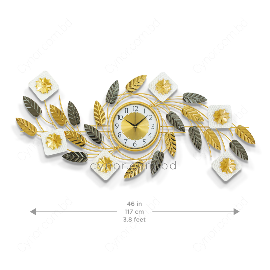 WC736-Decorative Botanical Wall Clock Glossy Stainless Steel Golden and White (5)