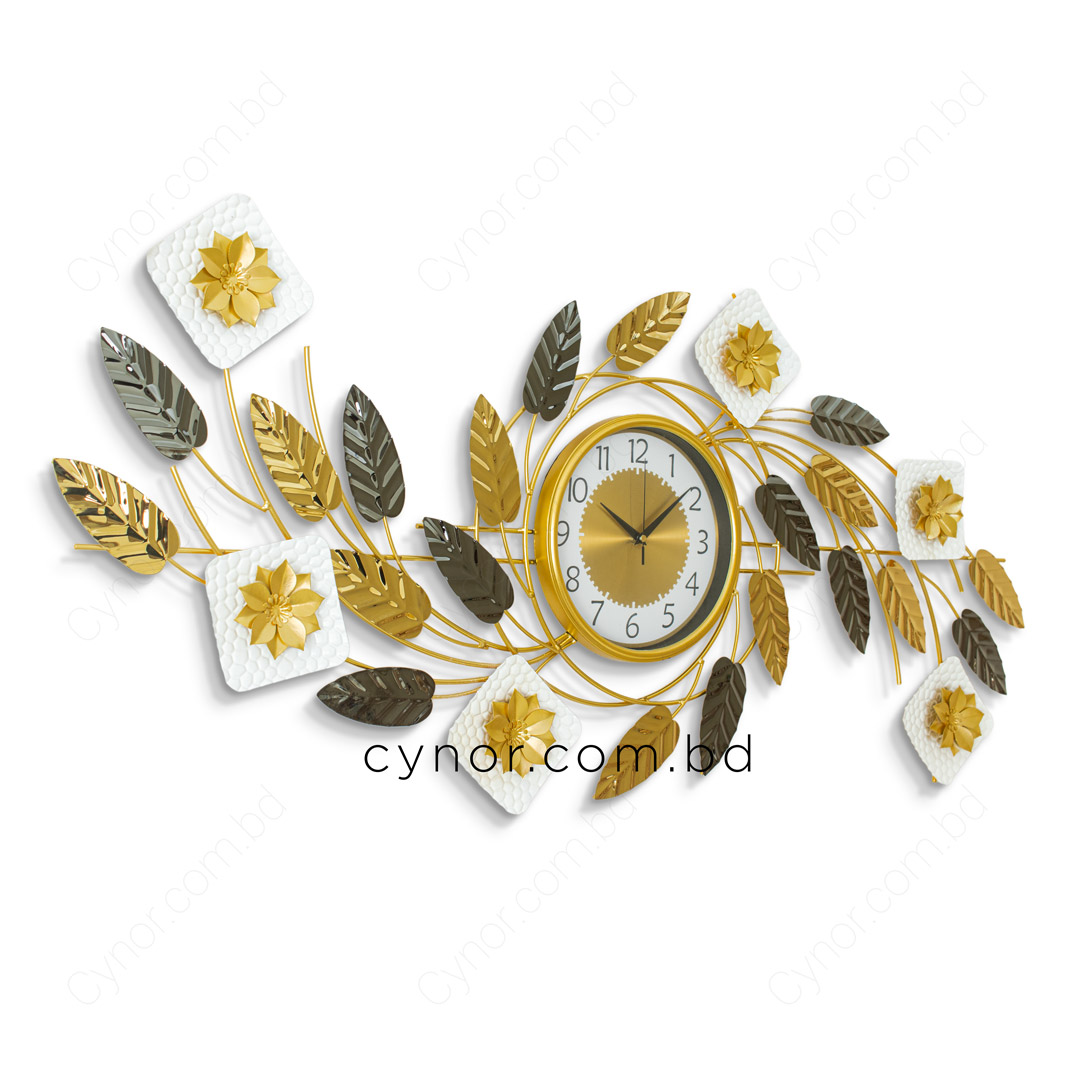 WC736-Decorative Botanical Wall Clock Glossy Stainless Steel Golden and White (6)
