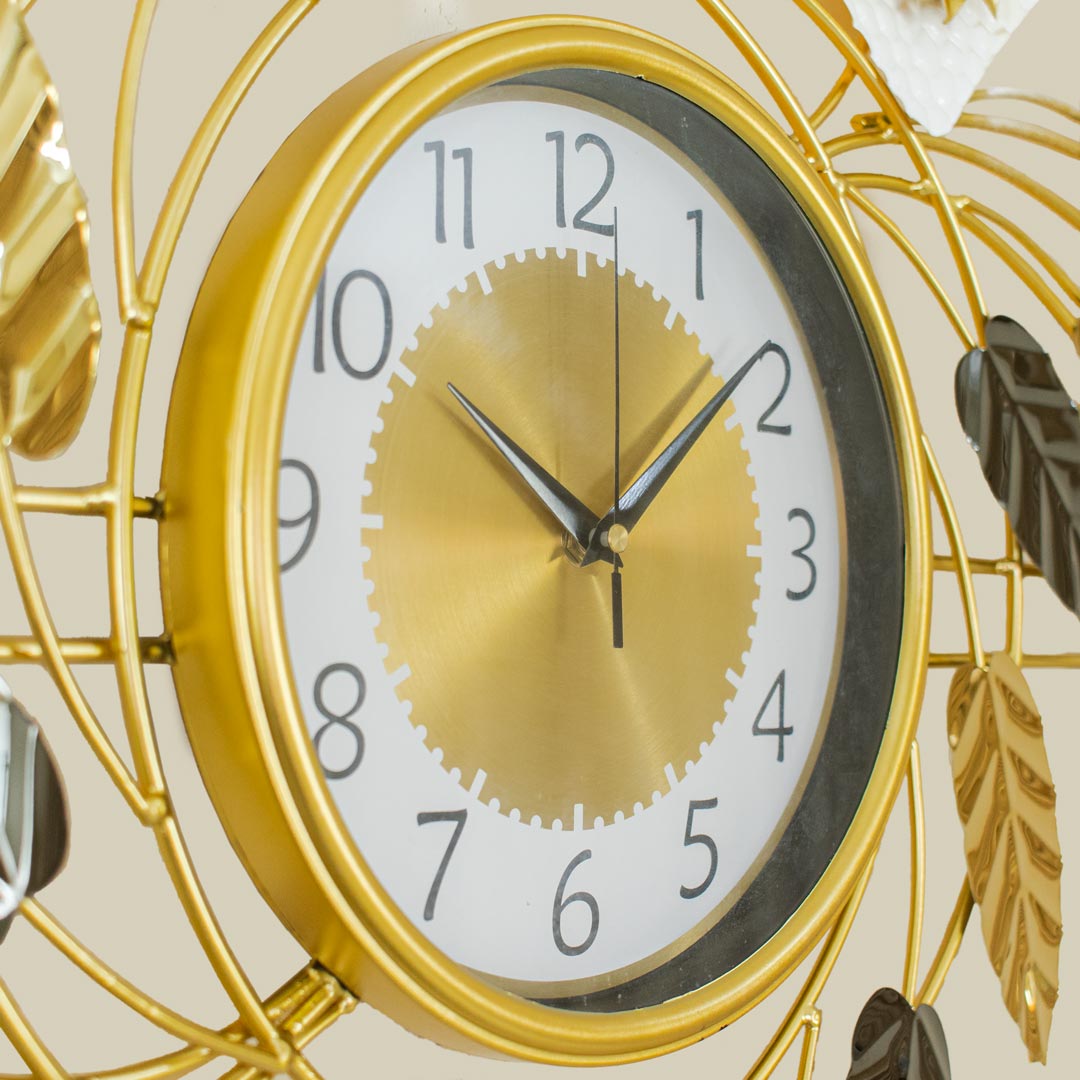 WC736-Decorative Botanical Wall Clock Glossy Stainless Steel Golden and White (8)