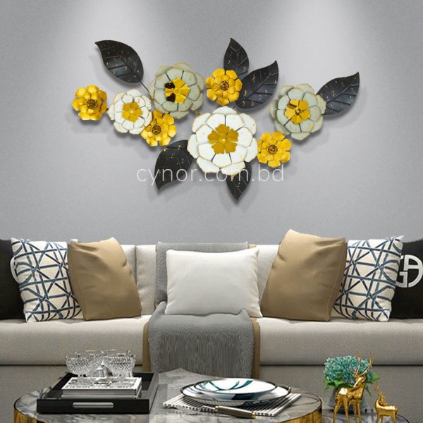 Botanical Floral Design Metal Wall Decor Golden Black White Finish