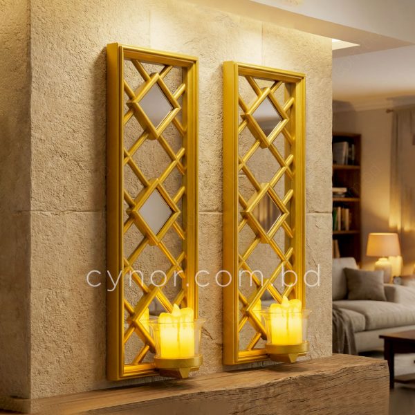Decorative Gold Wall Candle Holders Set with Mirror Accents and Glass Cups