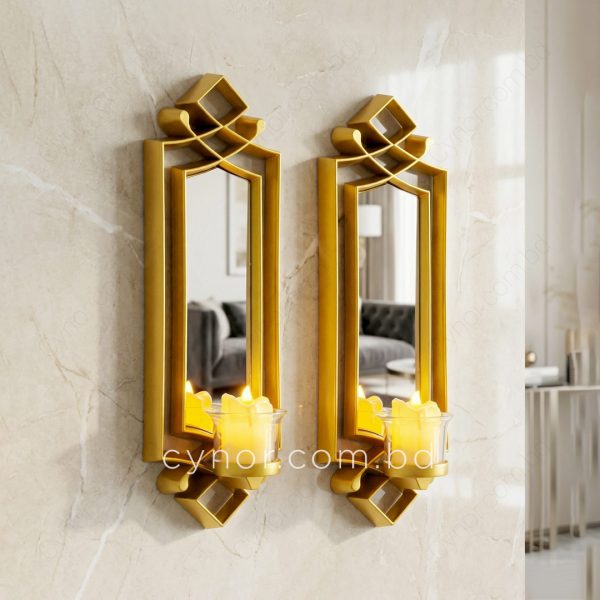 Decorative Mirror Design Gold Wall Candle Holders Set with Glass Cups