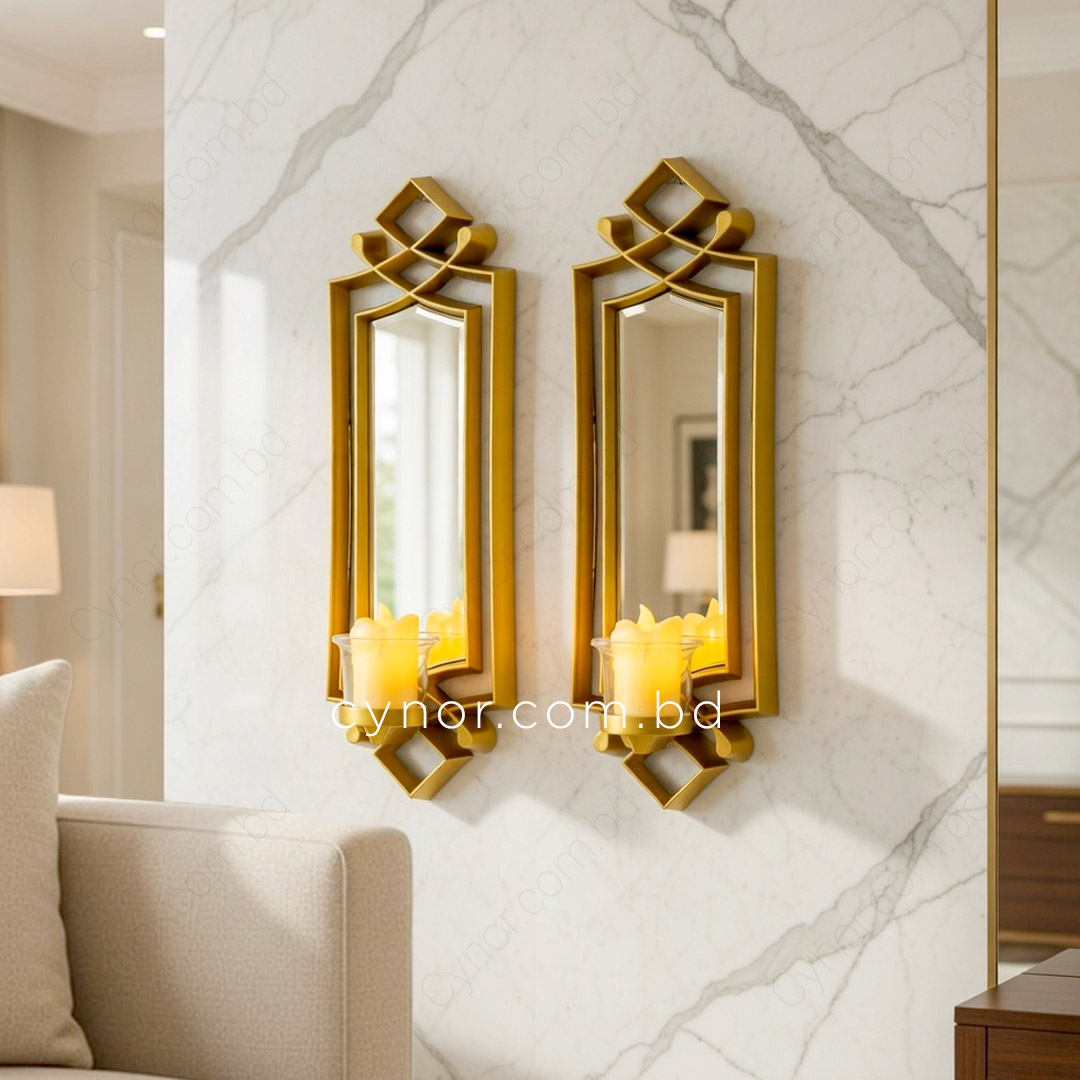 CH132-2-Decorative Mirror Design Gold Wall Candle Holders Set with Glass Cups (2)