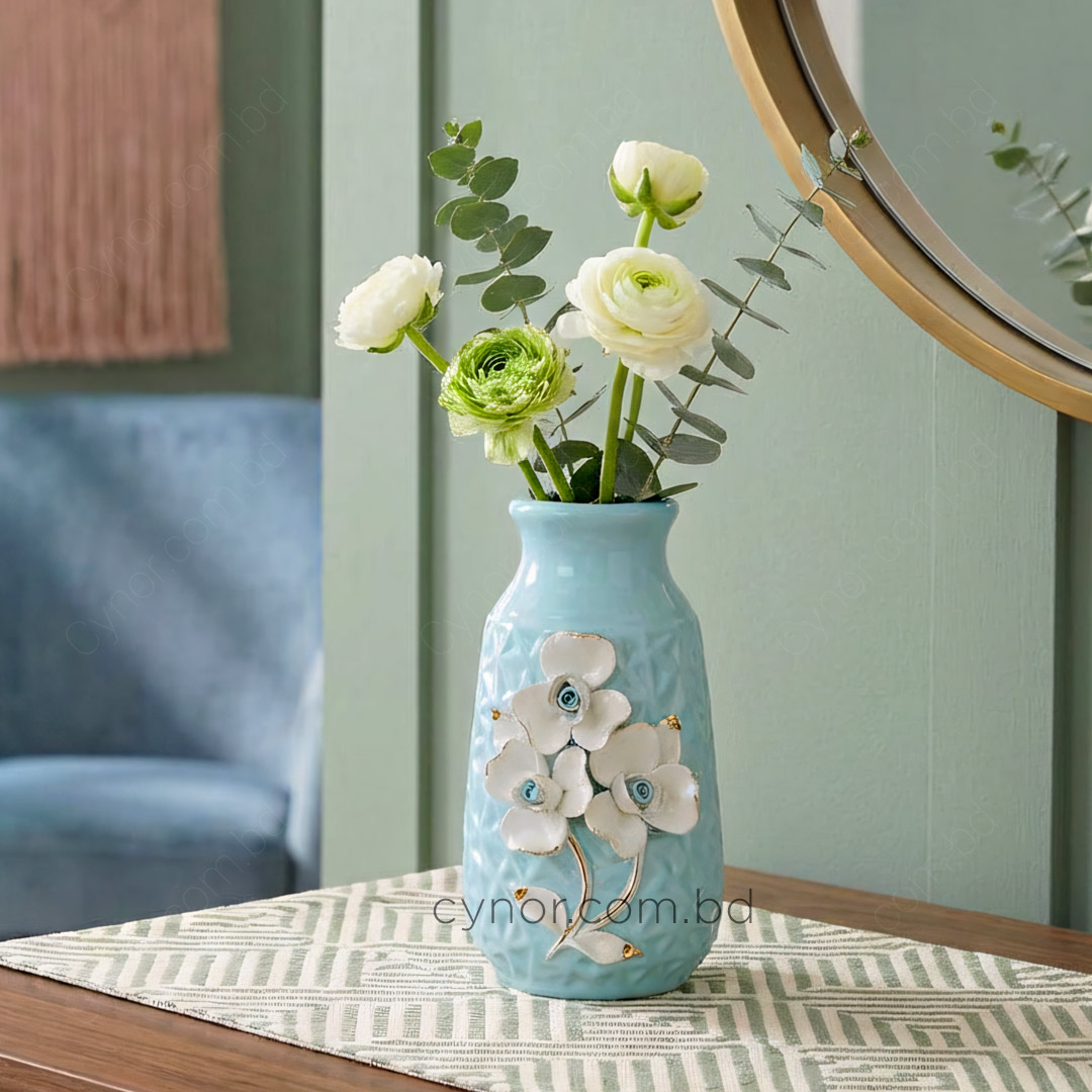 HD249-Blue-Ceramic Porcelain Blue Vase White Floral Design (1)