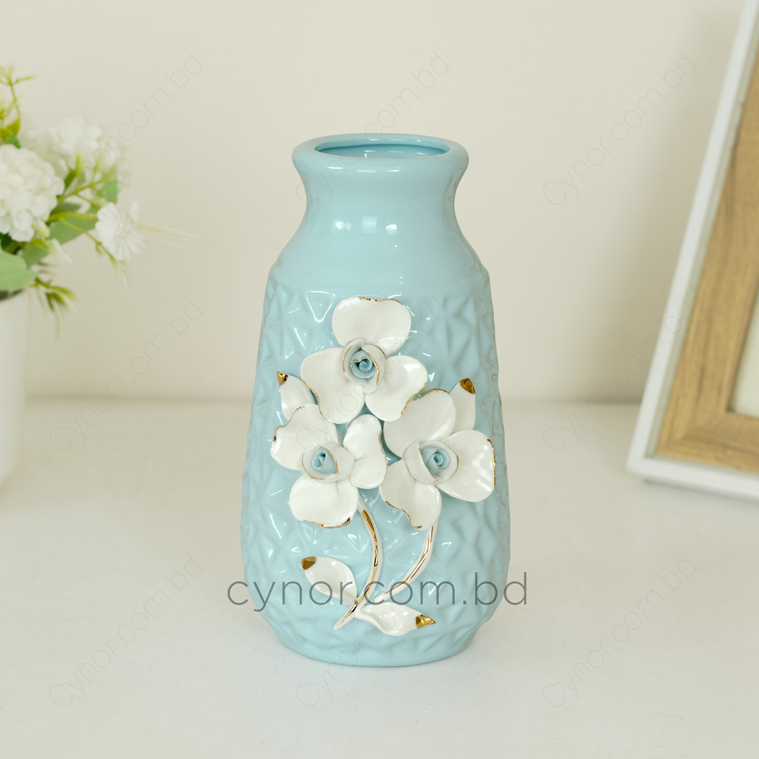 HD249-Blue-Ceramic Porcelain Blue Vase White Floral Design (2)