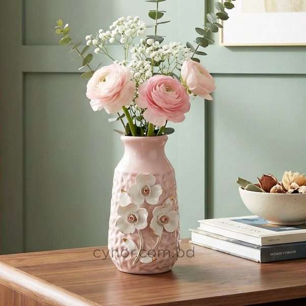 Ceramic Porcelain Pink Vase White Floral Design