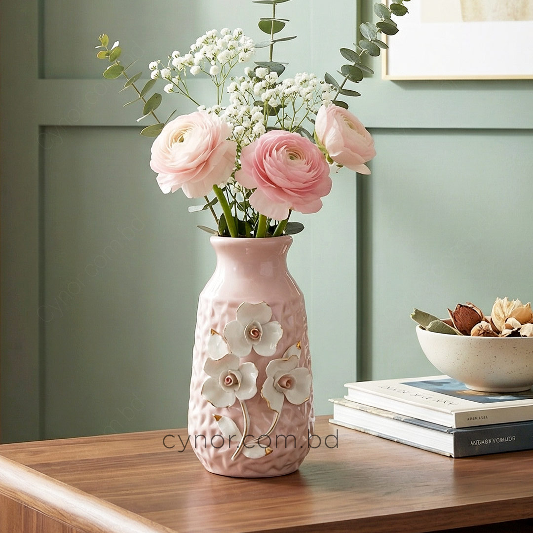 HD249-Pink-Ceramic Porcelain Pink Vase White Floral Design (1)