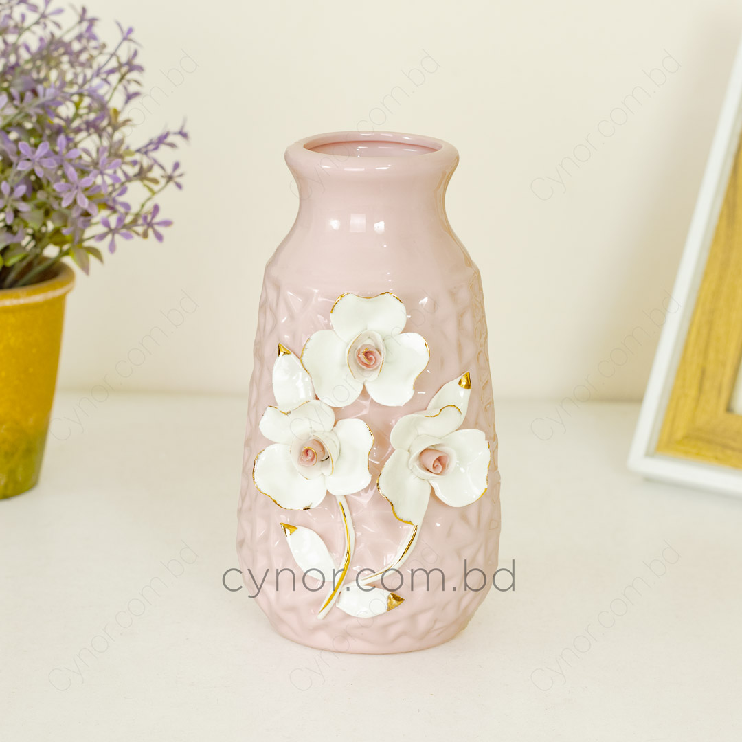 HD249-Pink-Ceramic Porcelain Pink Vase White Floral Design (2)
