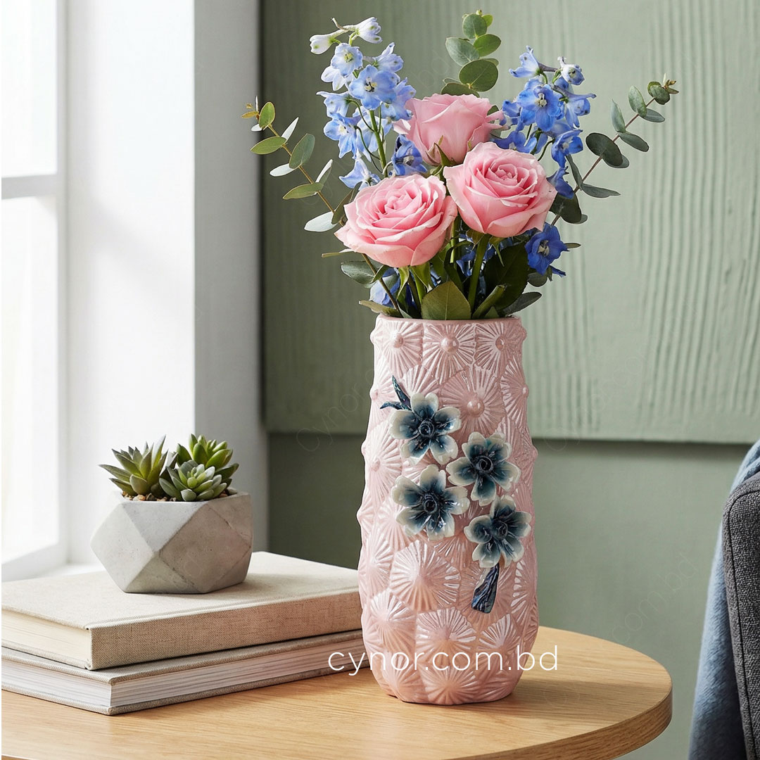 HD251-Pink-Pink Porcelain Ceramic Vase with Floral Design (1)