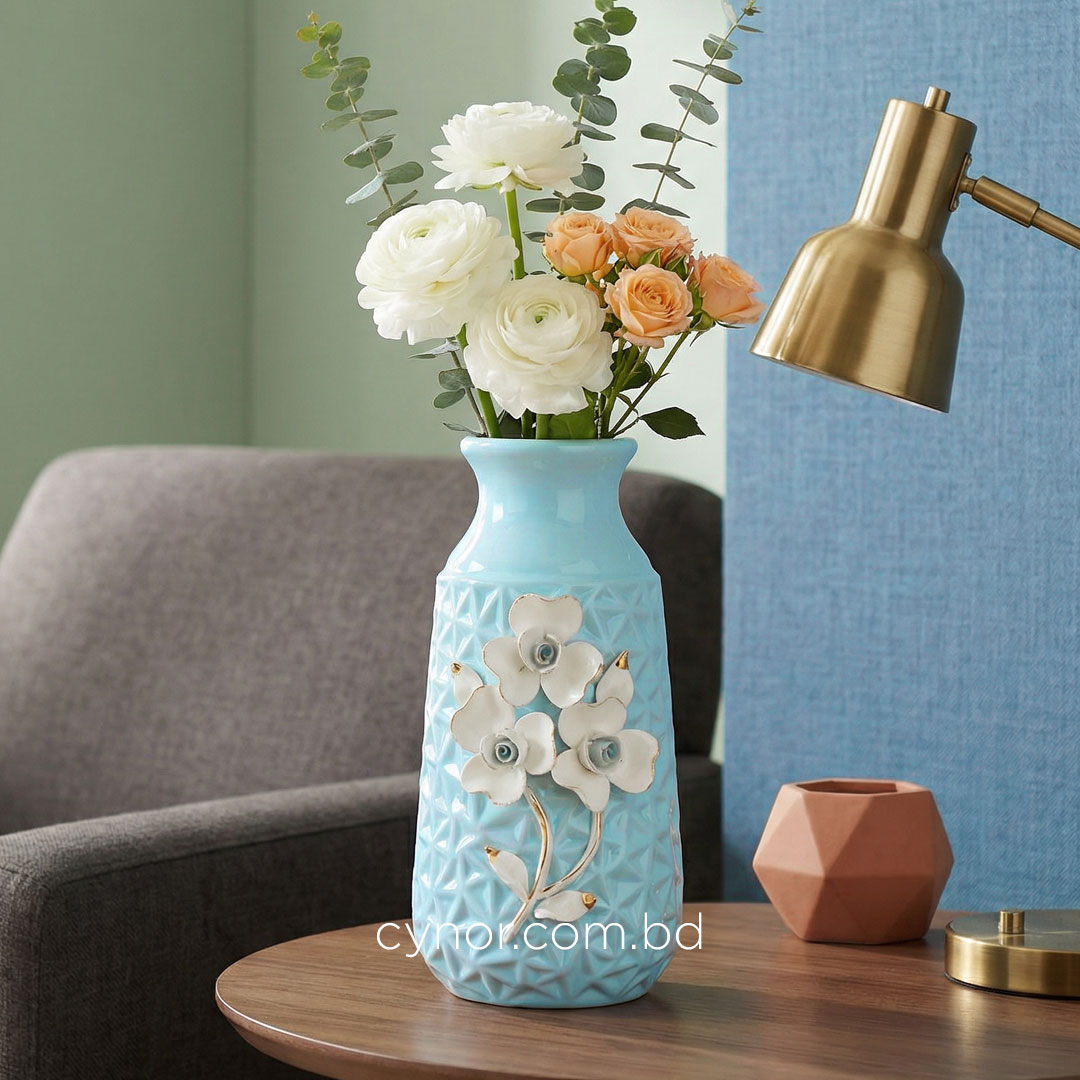 HD252-Blue-Blue Porcelain Ceramic Vase with Floral Design (1)
