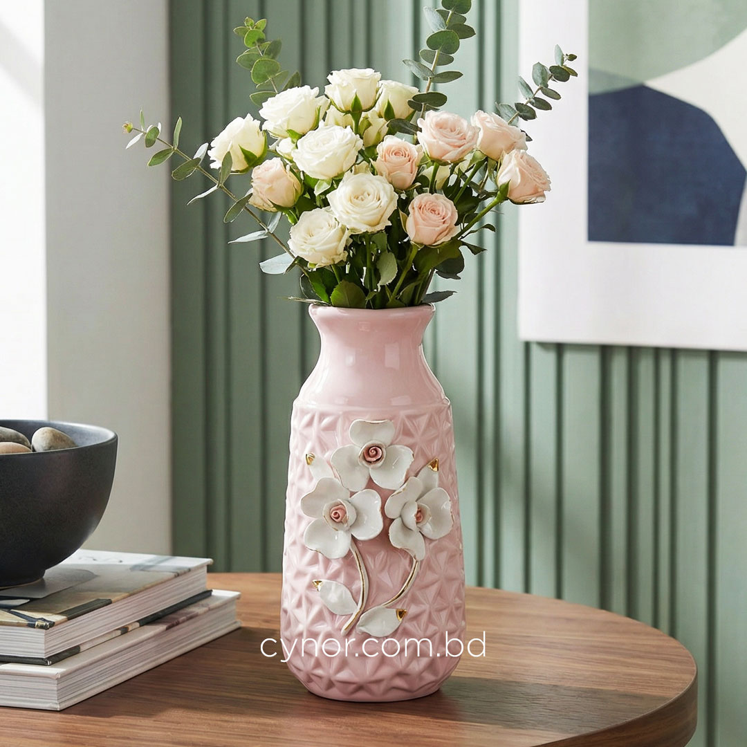 HD252-Pink-Pink Porcelain Ceramic Vase with Floral Design (1)