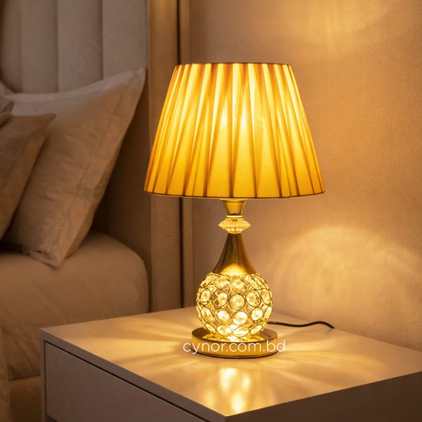 Golden Metal Table Lamp with Crystal Stone Design and Soft Gold Shade