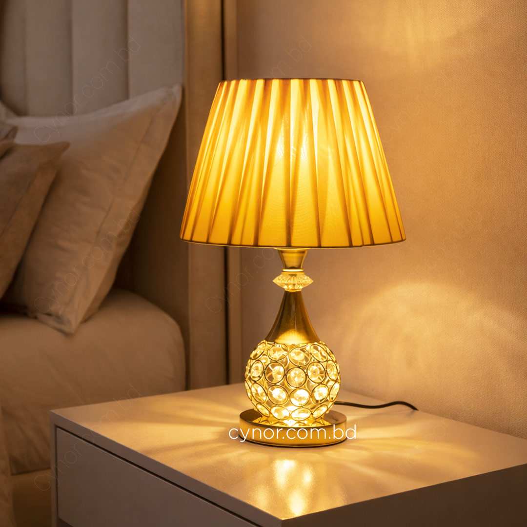 TL381-Golden Metal Table Lamp with Crystal Stone Design and Soft Gold Shade (1)