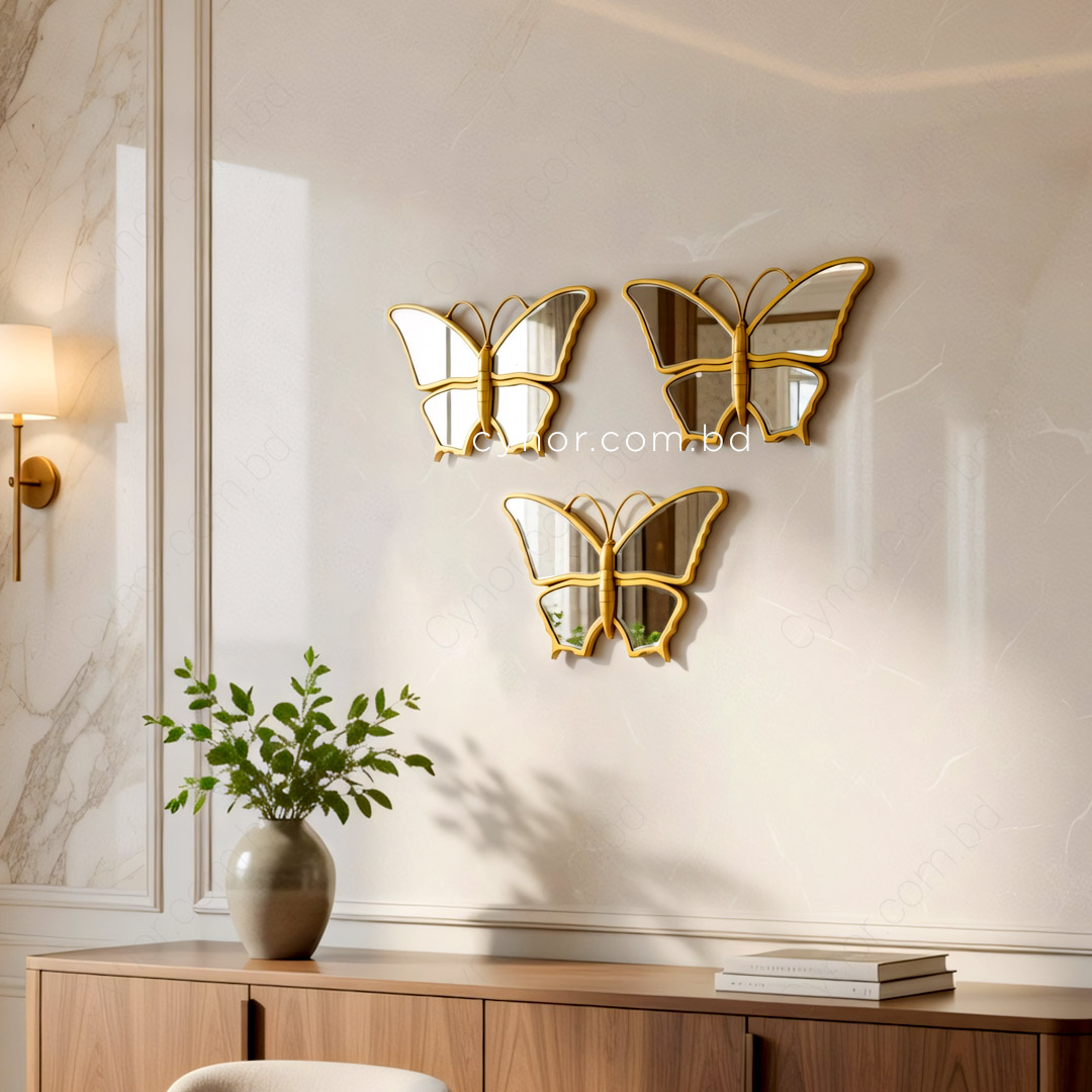 WR692-Golden 3 Piece Butterfly Mirror Set Fiber Wall Art Decor (2)