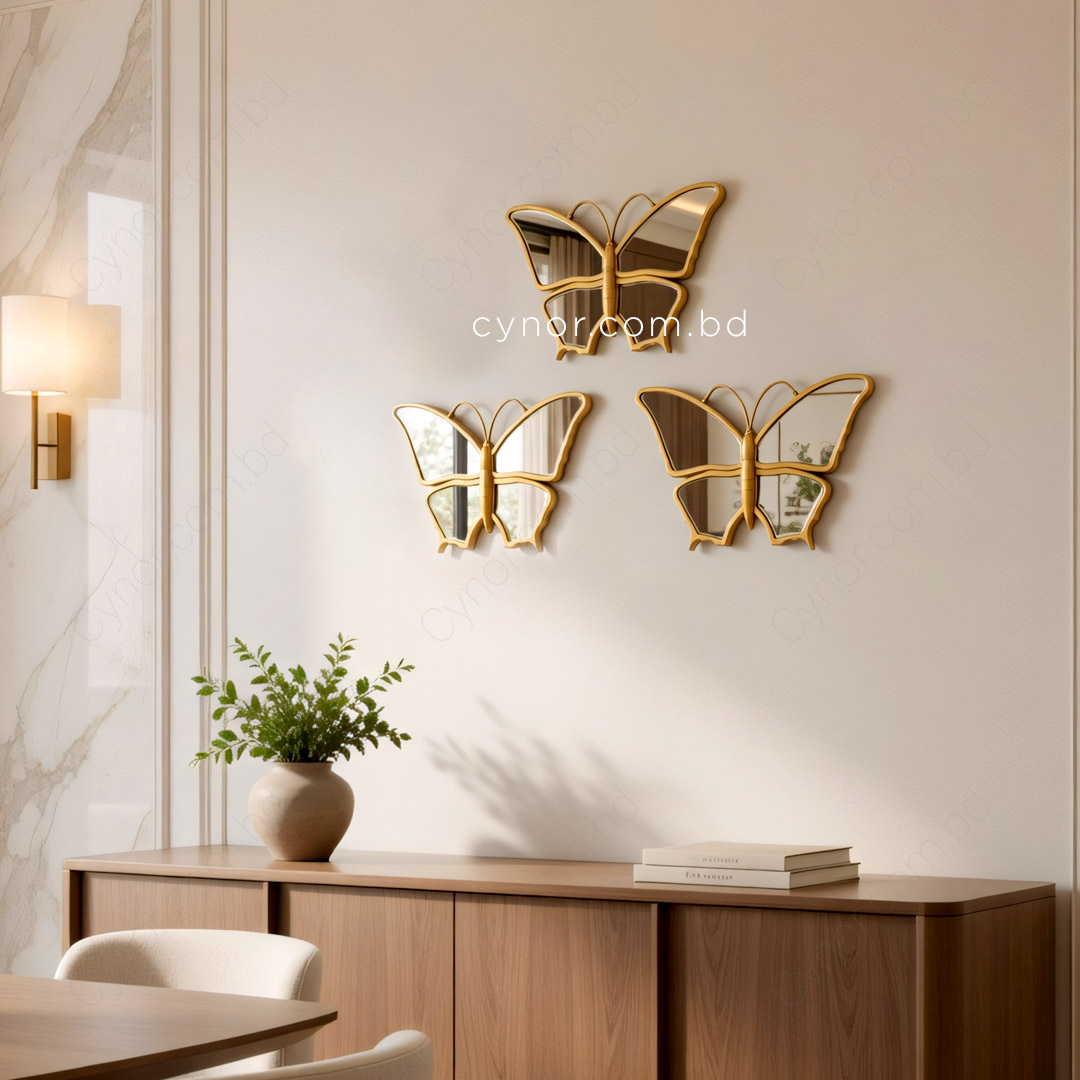 WR692-Golden 3 Piece Butterfly Mirror Set Fiber Wall Art Decor (3)