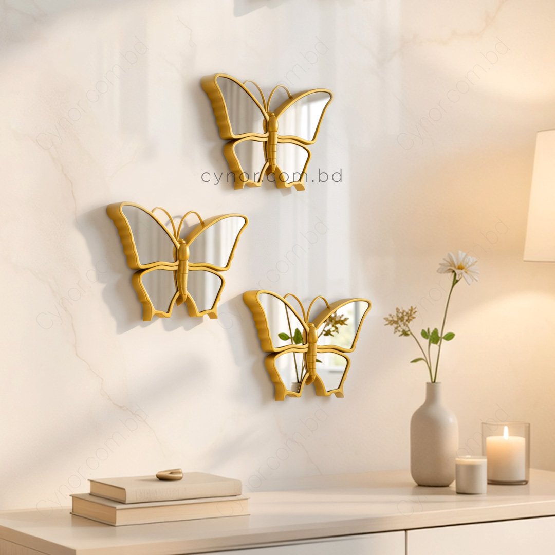 WR692-Golden 3 Piece Butterfly Mirror Set Fiber Wall Art Decor (5)