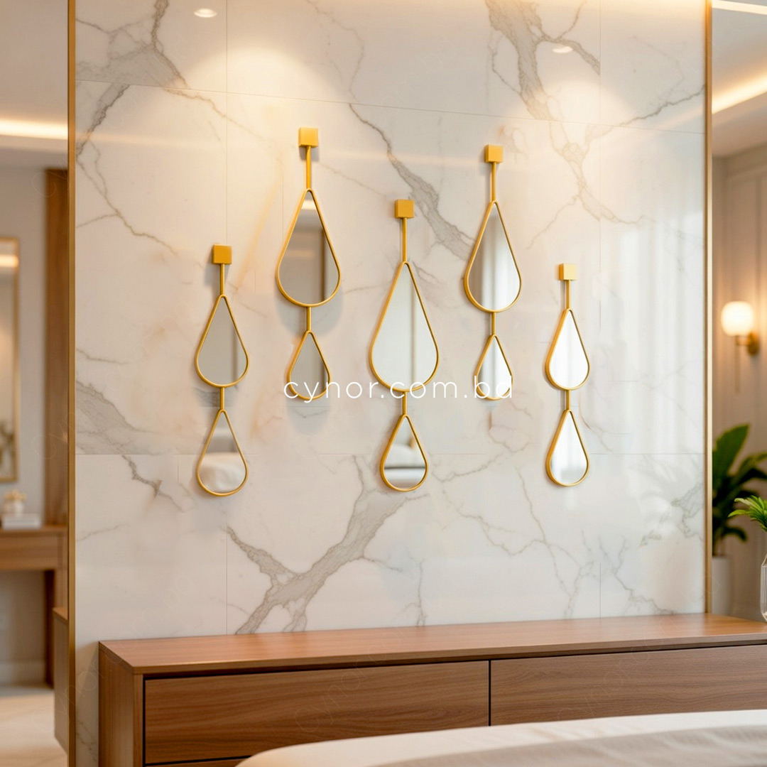 WR696-5-Piece Droplet Wall Mirror Set with Golden Fiber Frame (2)