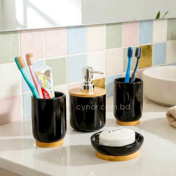 4 Piece Black Porcelain Ceramic and Bamboo Bathroom Accessory Set