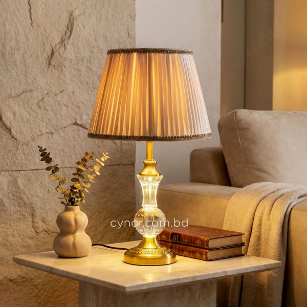 Golden Metal Crystal Table Lamp with Beige Fabric Shade