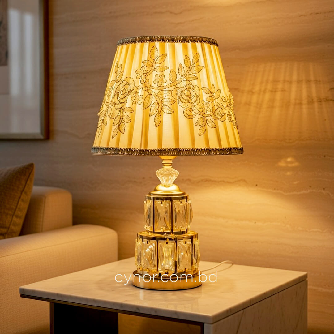 TL386-Golden Metal Table Lamp with Crystal Design and Floral Fabric Shade (1)