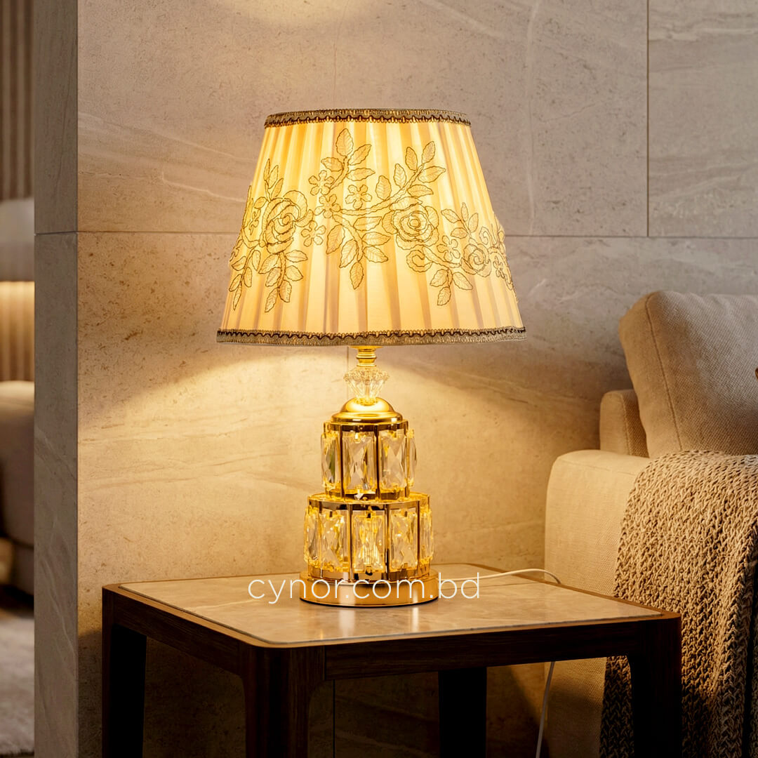 TL386-Golden Metal Table Lamp with Crystal Design and Floral Fabric Shade (2)