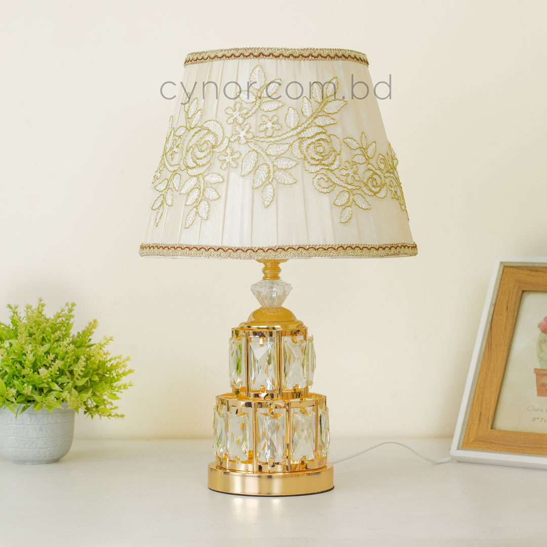 TL386-Golden Metal Table Lamp with Crystal Design and Floral Fabric Shade (3)