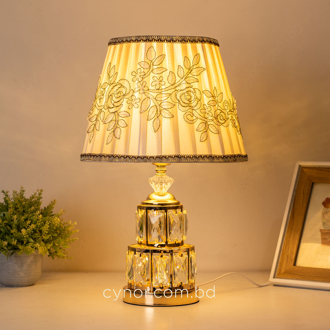 TL386-Golden Metal Table Lamp with Crystal Design and Floral Fabric Shade (4)