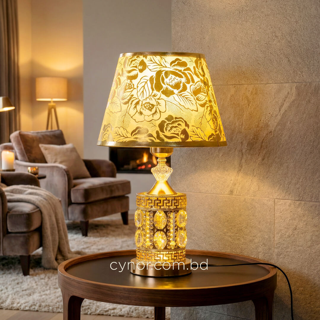 TL387-Golden Metal Table Lamp with Crystal Design Floral Pattern Plastic Shade (1)