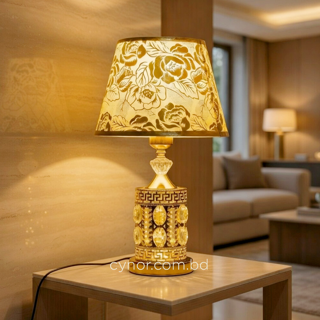 TL387-Golden Metal Table Lamp with Crystal Design Floral Pattern Plastic Shade (2)