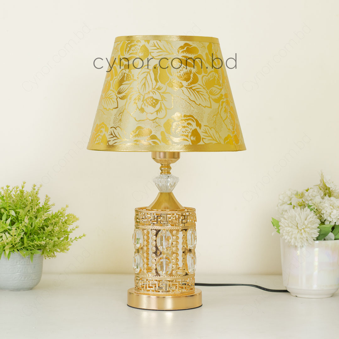 TL387-Golden Metal Table Lamp with Crystal Design Floral Pattern Plastic Shade (3)