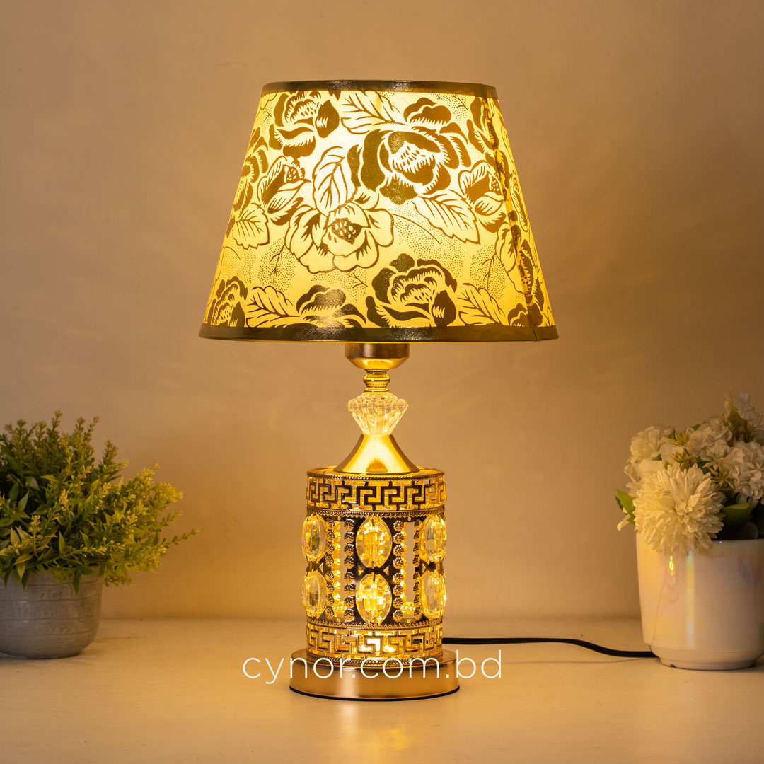 TL387-Golden Metal Table Lamp with Crystal Design Floral Pattern Plastic Shade (4)